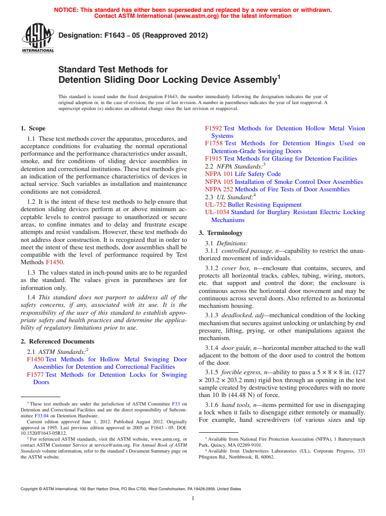 ASTM F1643-05(2012) - Standard Test Methods for  Detention Sliding Door Locking Device Assembly