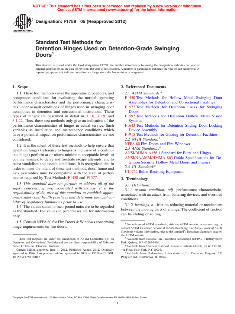 ASTM F1758-05(2012) - Standard Test Methods for  Detention Hinges Used on Detention-Grade Swinging Doors