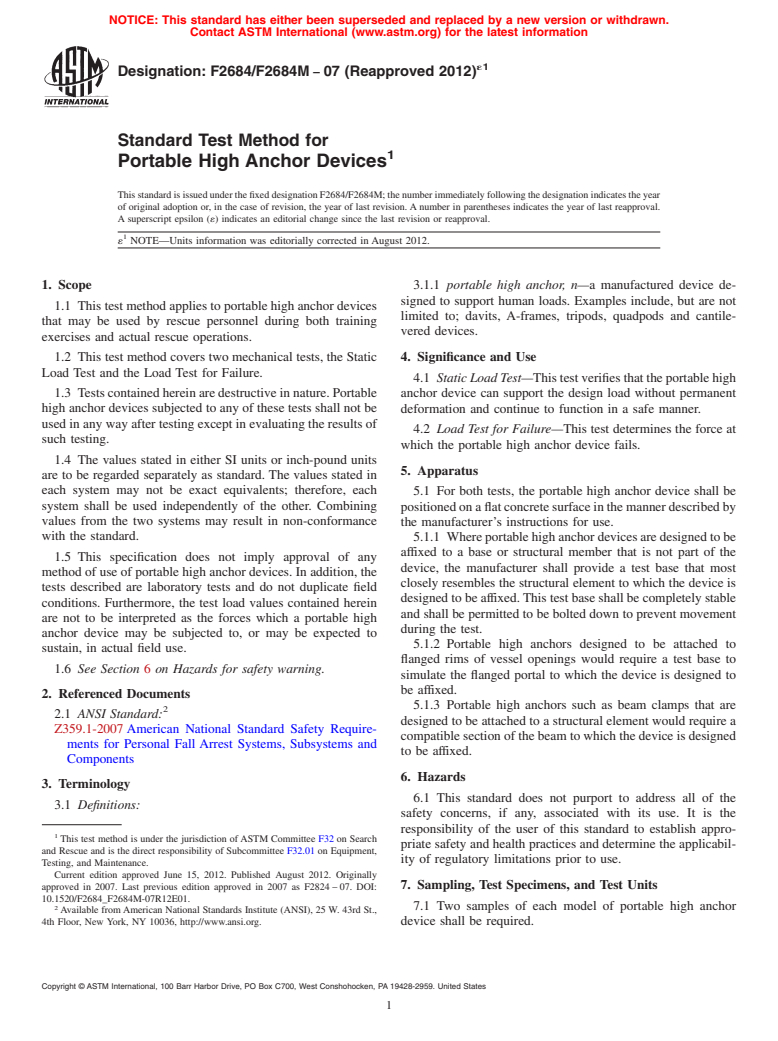 ASTM F2684/F2684M-07(2012)e1 - Standard Test Method for Portable High Anchor Devices