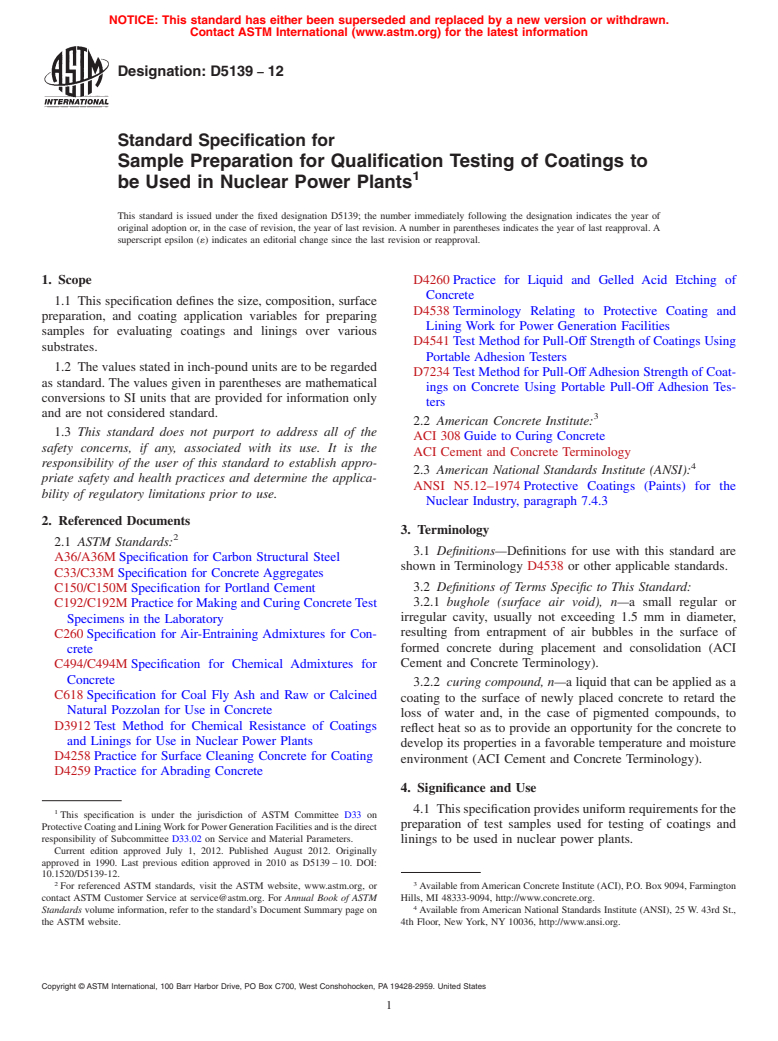 ASTM D5139-12 - Standard Specification for  Sample Preparation for Qualification Testing of Coatings to   be Used in Nuclear Power Plants