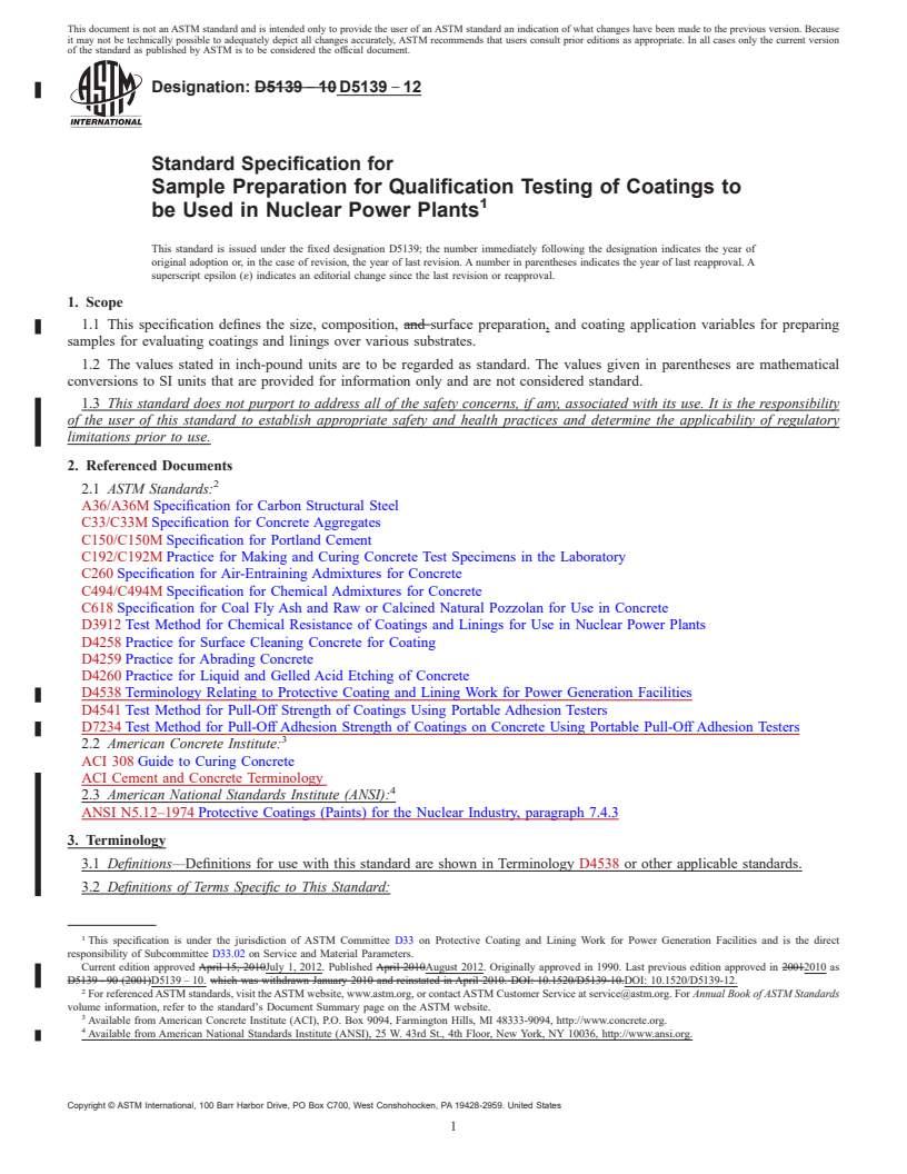 REDLINE ASTM D5139-12 - Standard Specification for  Sample Preparation for Qualification Testing of Coatings to   be Used in Nuclear Power Plants