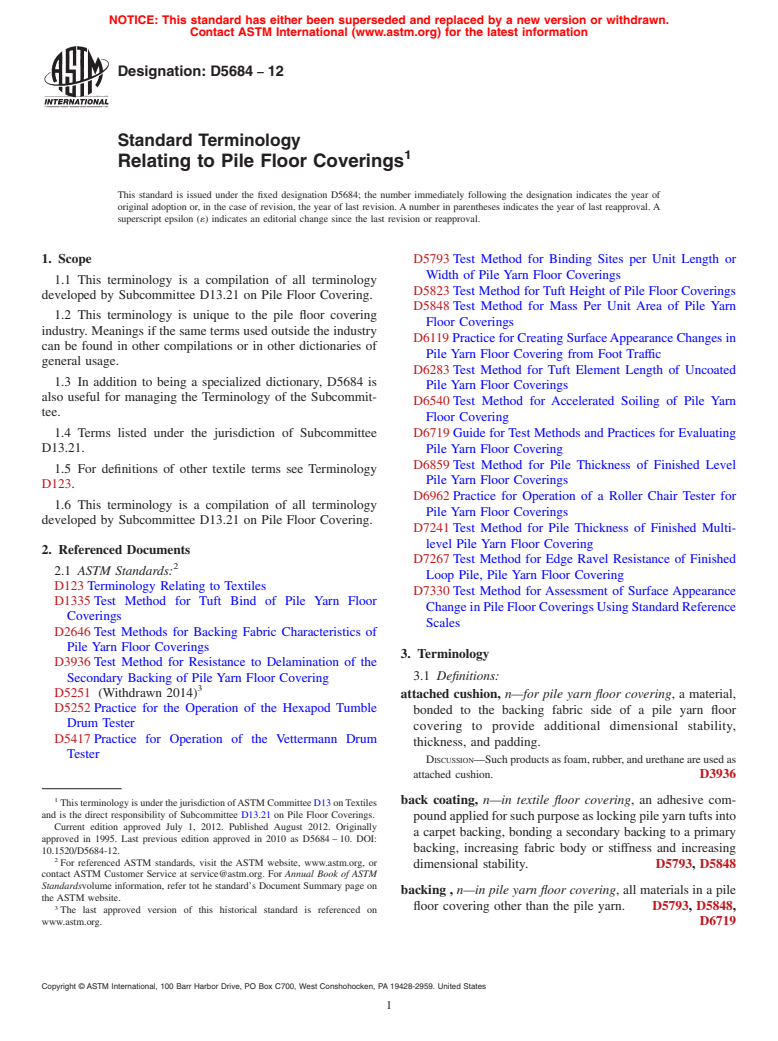 ASTM D5684-12 - Standard Terminology Relating to Pile Floor Coverings