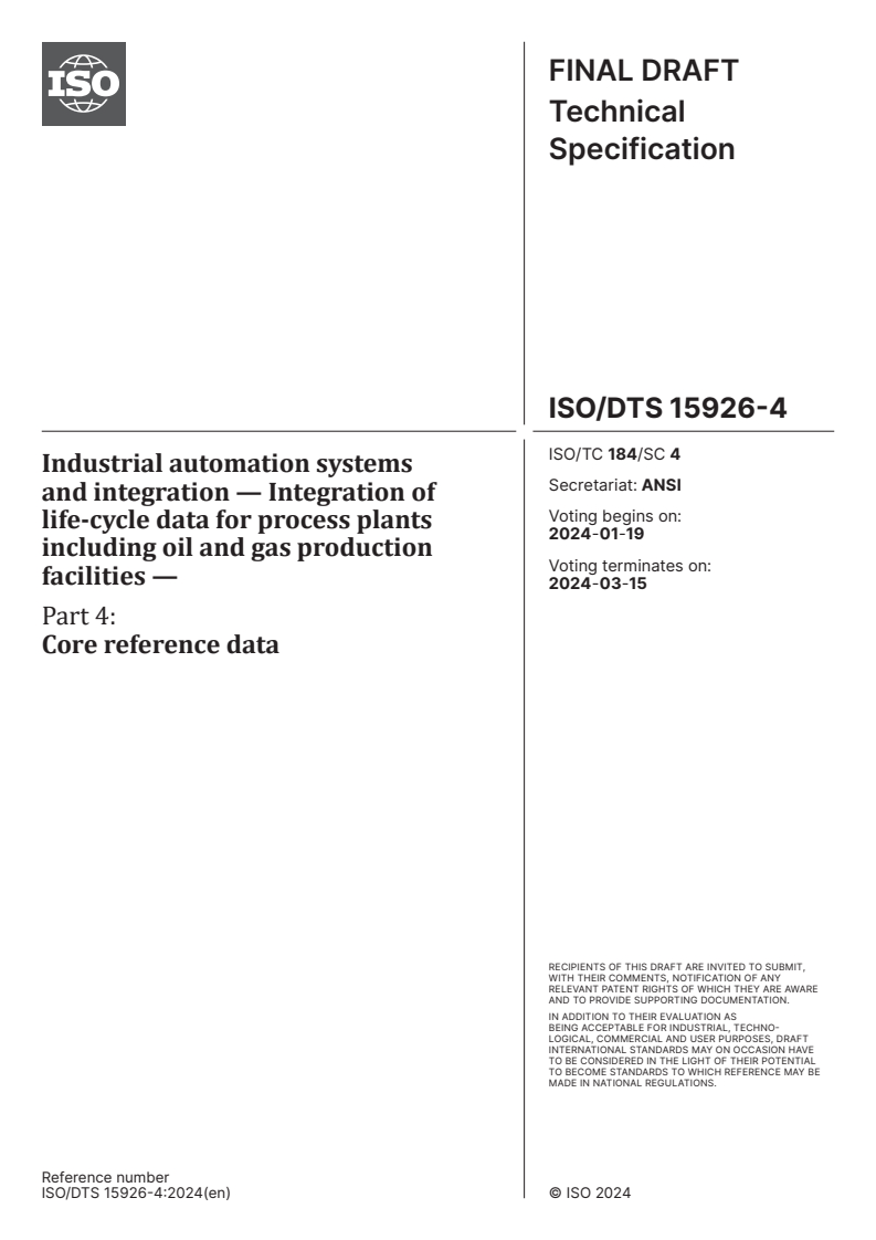 ISO/DTS 15926-4 - Industrial automation systems and integration — Integration of life-cycle data for process plants including oil and gas production facilities — Part 4: Core reference data
Released:5. 01. 2024