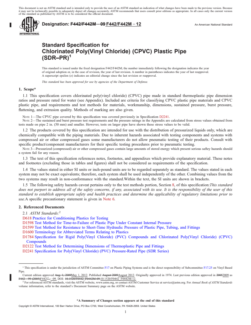 REDLINE ASTM F442/F442M-12 - Standard Specification for Chlorinated Poly(Vinyl Chloride) (CPVC) Plastic Pipe (SDR&#x2013;PR)