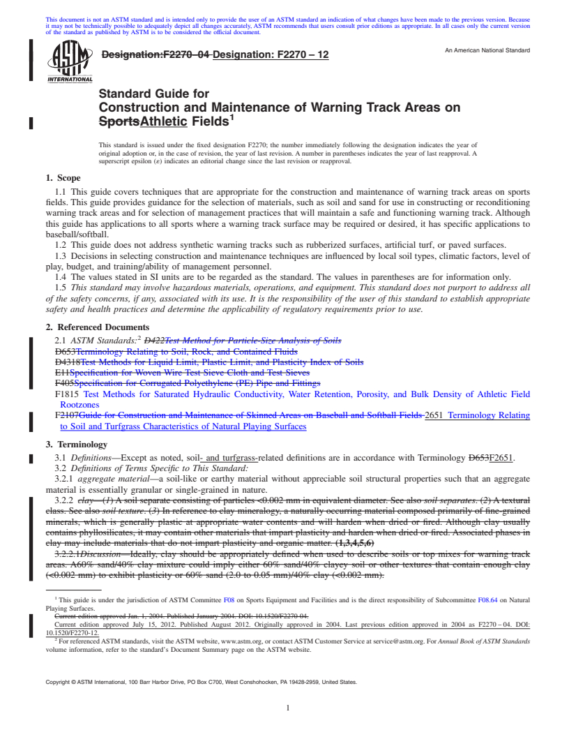 REDLINE ASTM F2270-12 - Standard Guide for Construction and Maintenance of Warning Track Areas on Athletic Fields