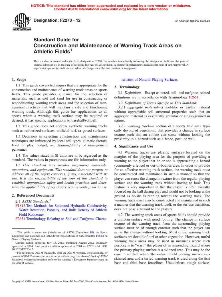 ASTM F2270-12 - Standard Guide for Construction and Maintenance of Warning Track Areas on Athletic Fields