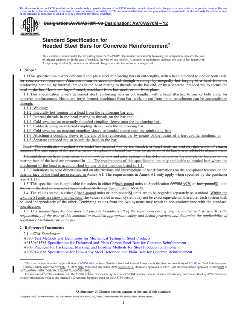 REDLINE ASTM A970/A970M-12 - Standard Specification for Headed Steel Bars for Concrete Reinforcement