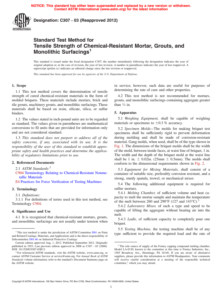 ASTM C307-03(2012) - Standard Test Method for  Tensile Strength of Chemical-Resistant Mortar, Grouts, and  Monolithic Surfacings