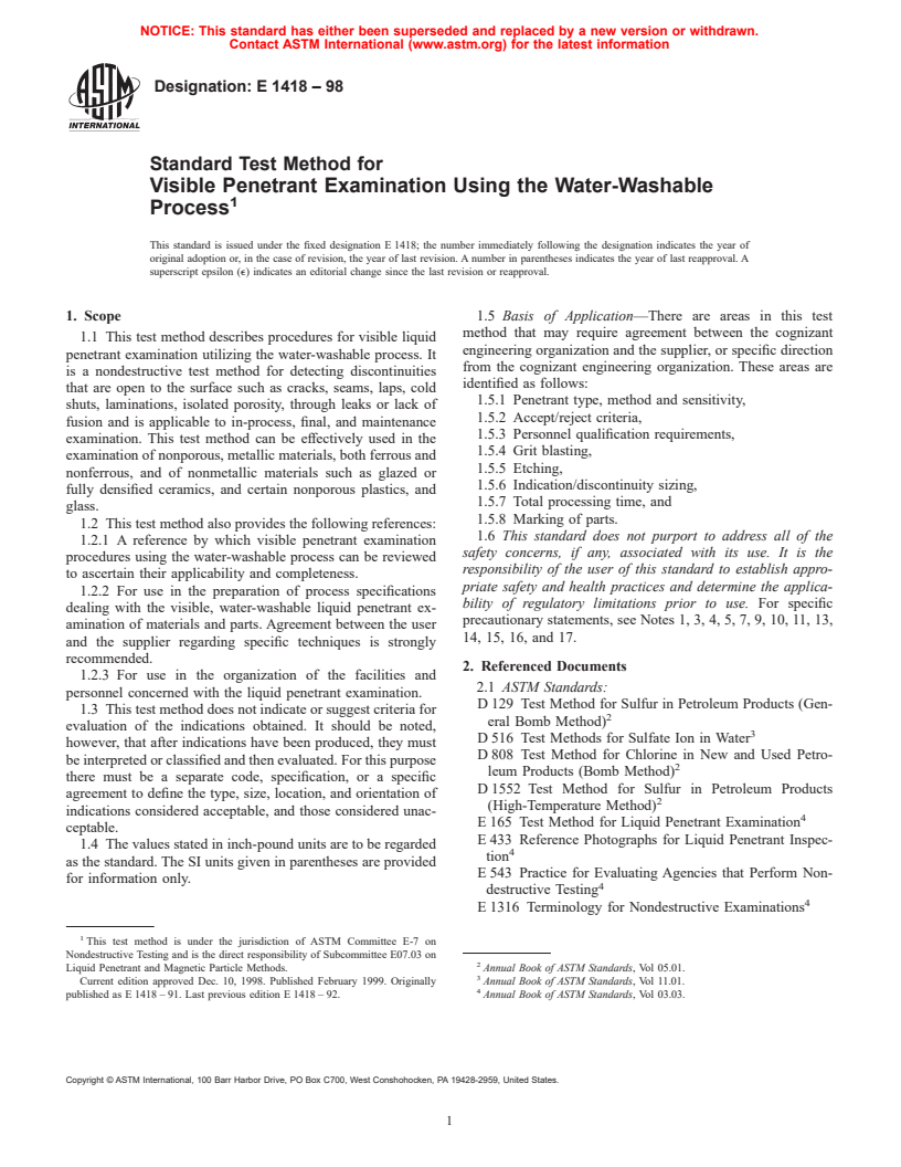 ASTM E1418-98 - Standard Test Method for Visible Penetrant Examination Using the Water-Washable Process