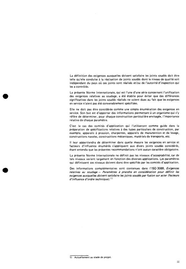ISO 3041:1975 - Exigences relatives au soudage -- Catégories d'exigences en service des joints soudés
