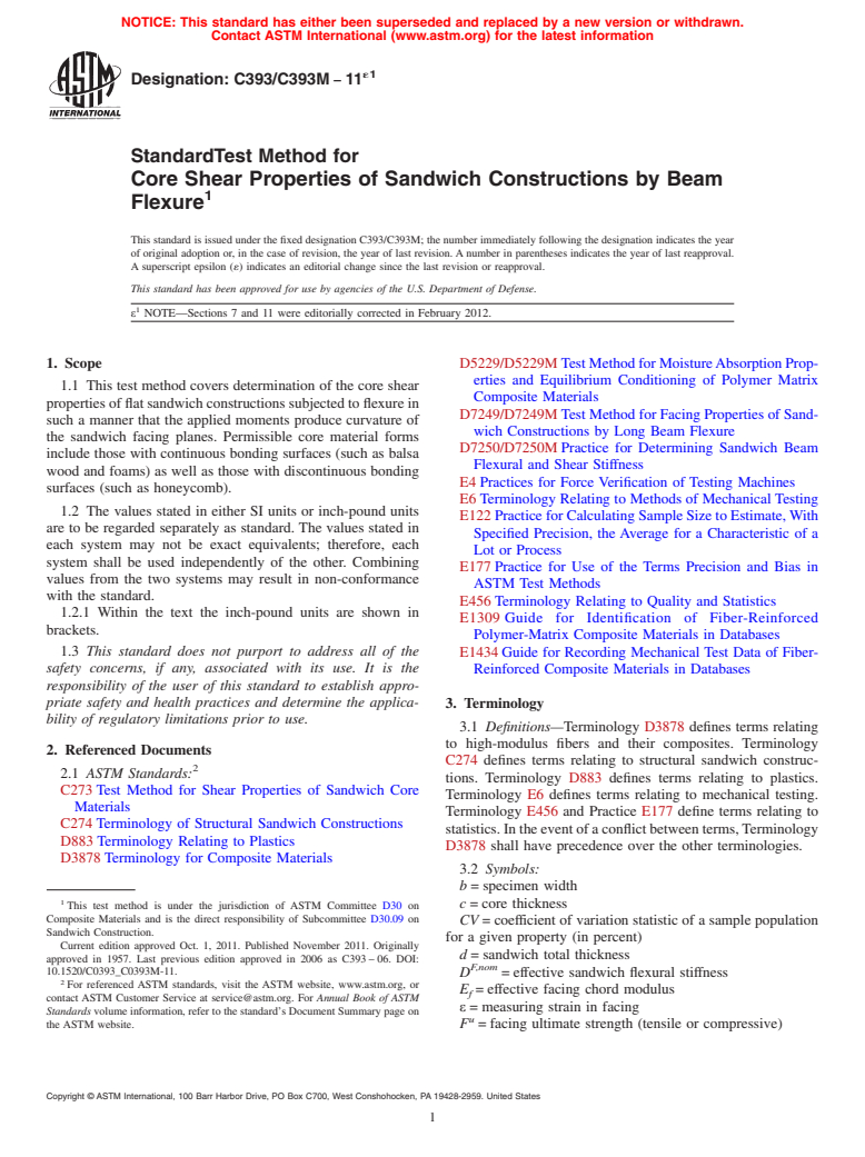 ASTM C393/C393M-11e1 - Standard Test Method for Core Shear Properties of Sandwich Constructions by Beam Flexure