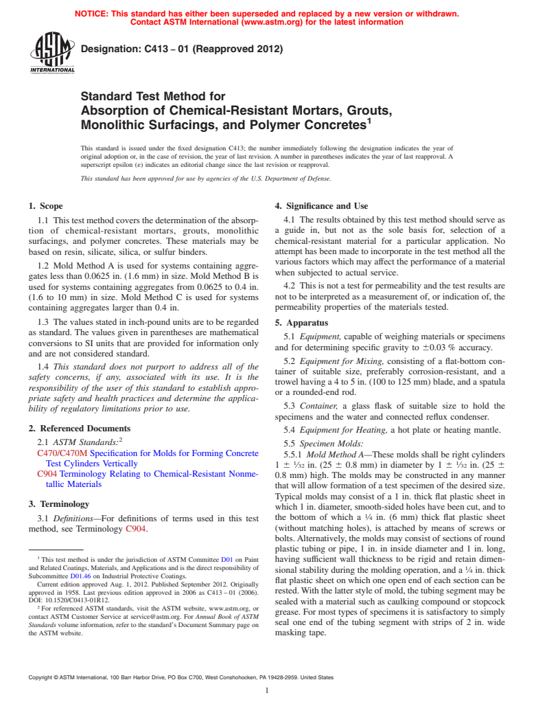 ASTM C413-01(2012) - Standard Test Method for  Absorption of Chemical-Resistant Mortars, Grouts, Monolithic  Surfacings, and Polymer Concretes