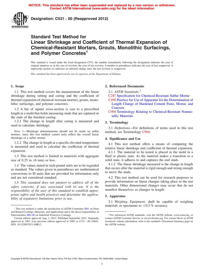 ASTM C531-00(2012) - Standard Test Method for  Linear Shrinkage and Coefficient of Thermal Expansion of Chemical-Resistant  Mortars, Grouts, Monolithic Surfacings, and Polymer Concretes