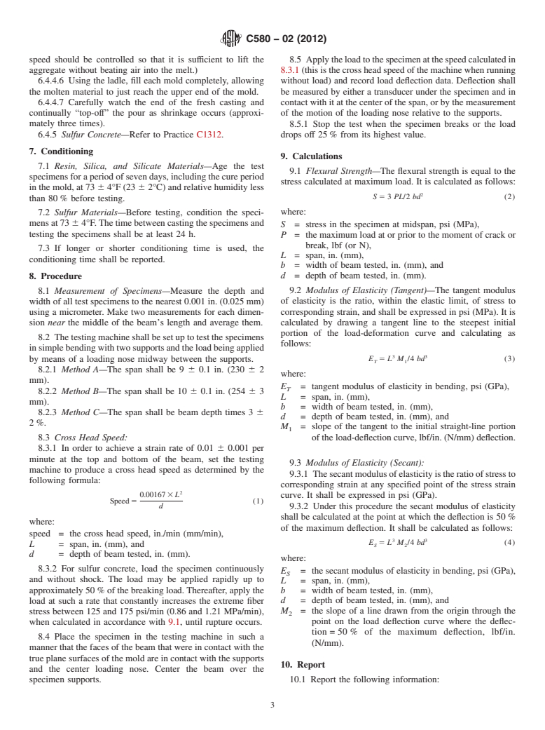 ASTM C580-02(2012) - Standard Test Method for  Flexural Strength and Modulus of Elasticity of Chemical-Resistant  Mortars, Grouts, Monolithic Surfacings, and Polymer Concretes