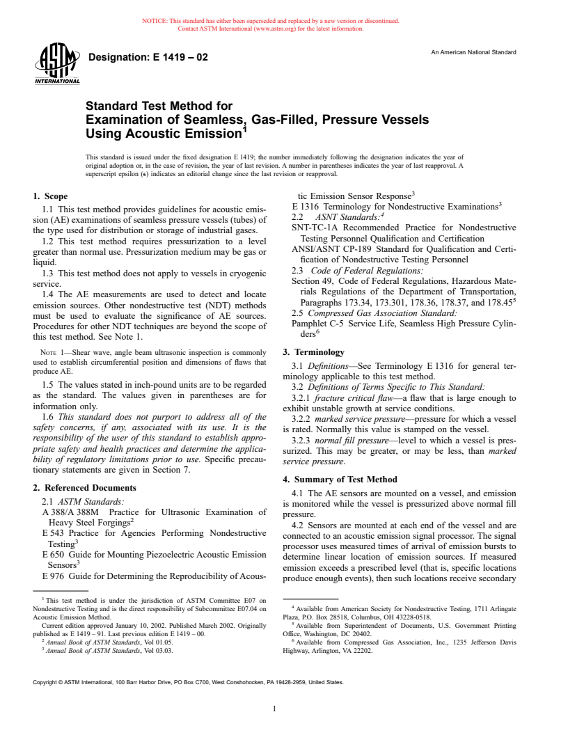 ASTM E1419-02 - Standard Test Method for Examination of Seamless, Gas- Filled, Pressure Vessels Using Acoustic Emission