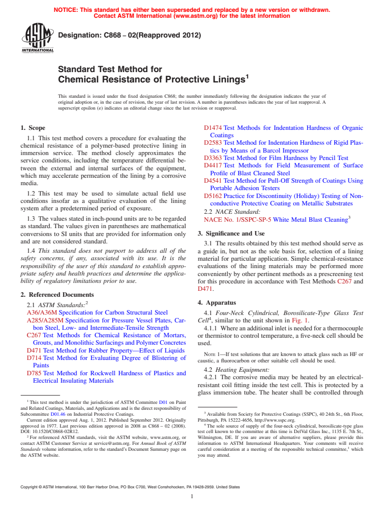 ASTM C868-02(2012) - Standard Test Method for  Chemical Resistance of Protective Linings (Withdrawn 2015)