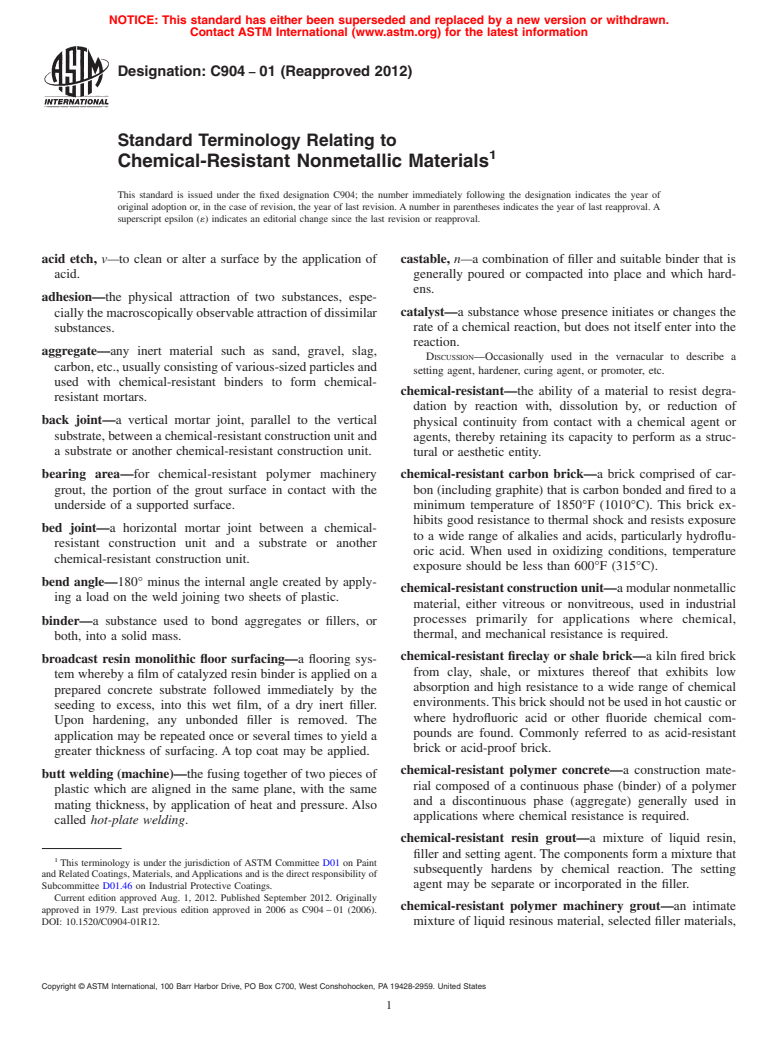 ASTM C904-01(2012) - Standard Terminology Relating to  Chemical-Resistant Nonmetallic Materials