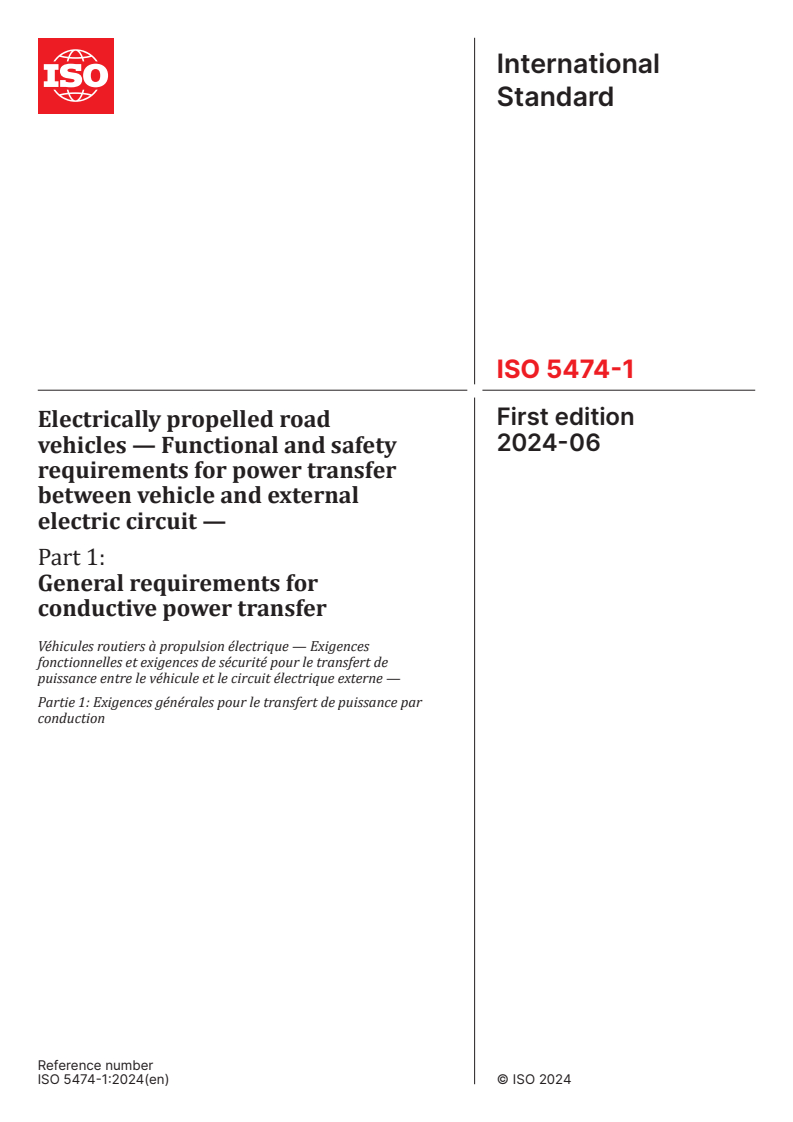 ISO 5474-1:2024 - Electrically propelled road vehicles — Functional and safety requirements for power transfer between vehicle and external electric circuit — Part 1: General requirements for conductive power transfer
Released:7. 06. 2024