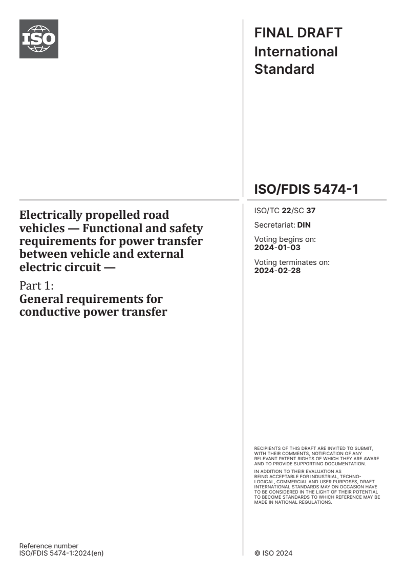 ISO/FDIS 5474-1 - Electrically propelled road vehicles — Functional and safety requirements for power transfer between vehicle and external electric circuit — Part 1: General requirements for conductive power transfer
Released:20. 12. 2023