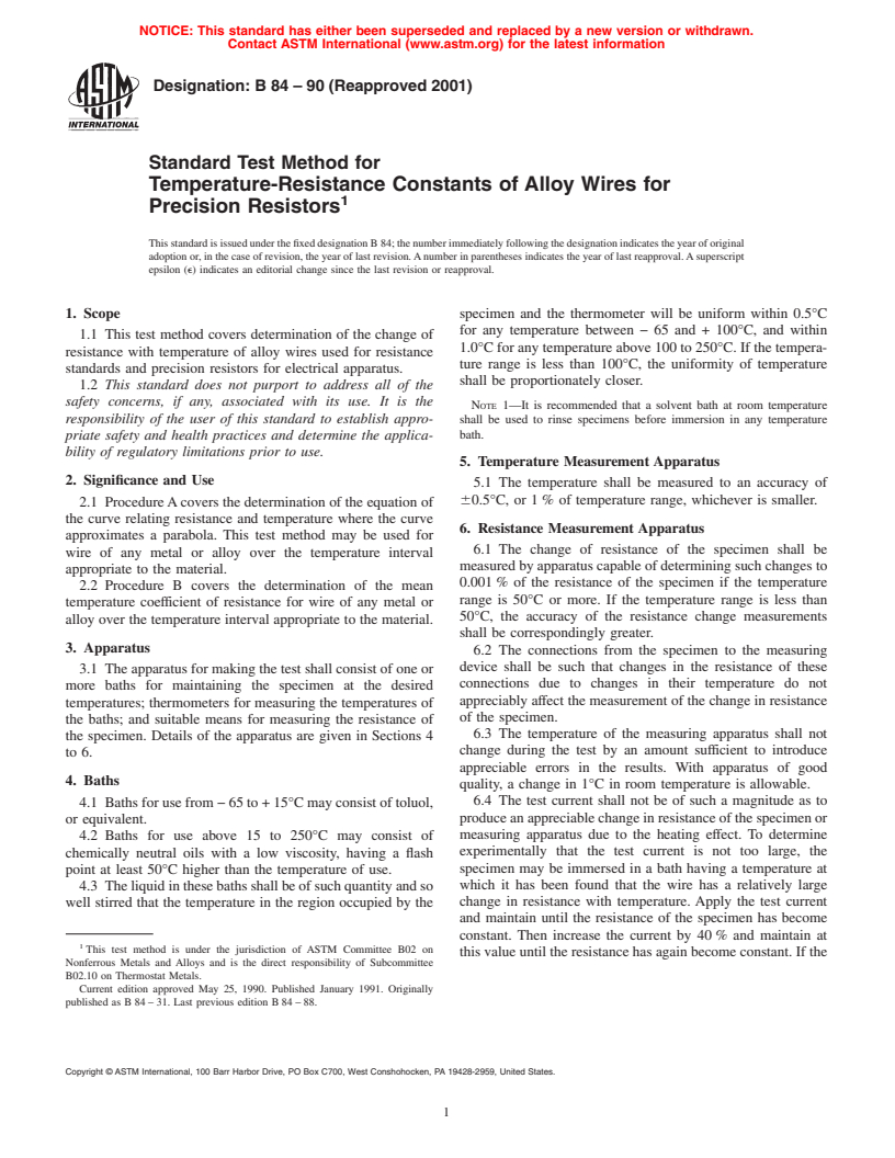 ASTM B84-90(2001) - Standard Test Method for Temperature-Resistance Constants of Alloy Wires for Precision Resistors