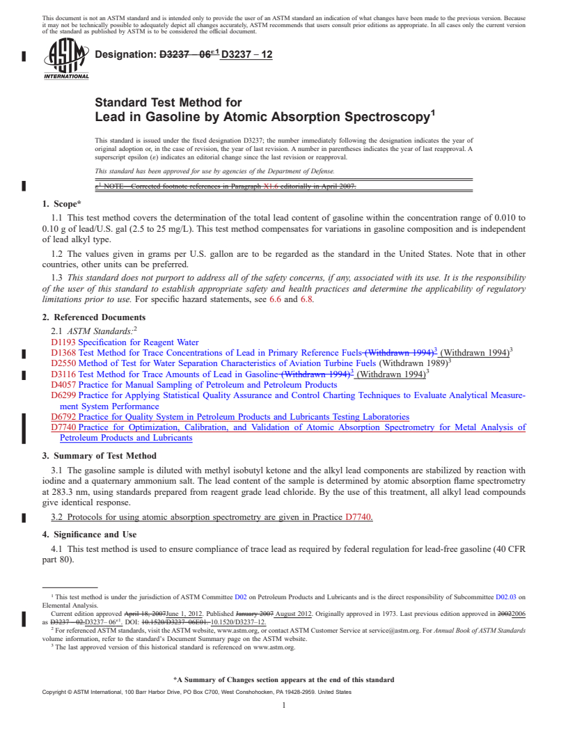 REDLINE ASTM D3237-12 - Standard Test Method for Lead in Gasoline by Atomic Absorption Spectroscopy