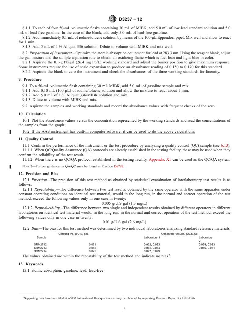 REDLINE ASTM D3237-12 - Standard Test Method for Lead in Gasoline by Atomic Absorption Spectroscopy