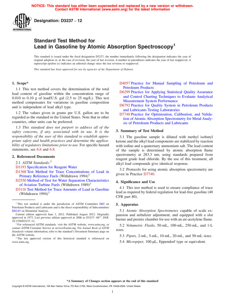 ASTM D3237-12 - Standard Test Method for Lead in Gasoline by Atomic Absorption Spectroscopy