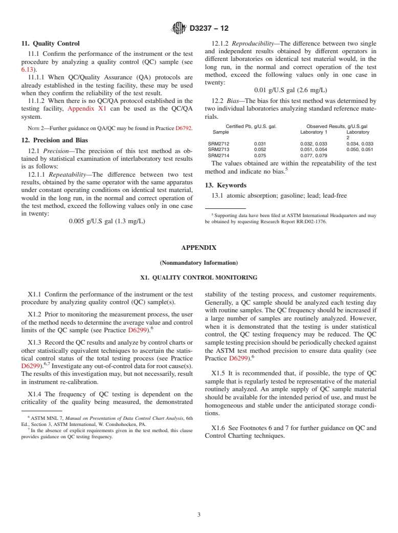 ASTM D3237-12 - Standard Test Method for Lead in Gasoline by Atomic Absorption Spectroscopy