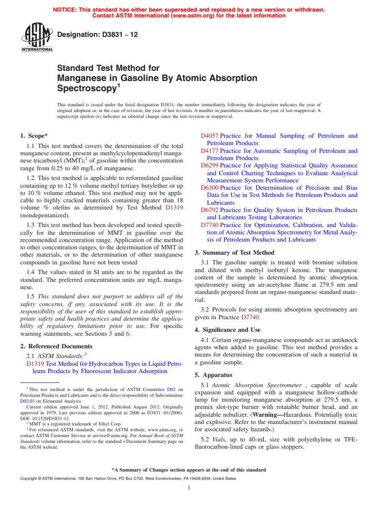 ASTM D3831-12 - Standard Test Method for Manganese in Gasoline By Atomic Absorption Spectroscopy