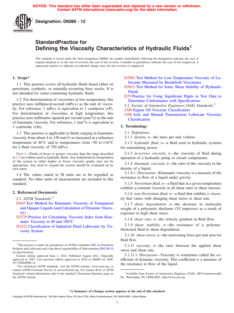 ASTM D6080-12 - Standard Practice for Defining the Viscosity Characteristics of Hydraulic Fluids
