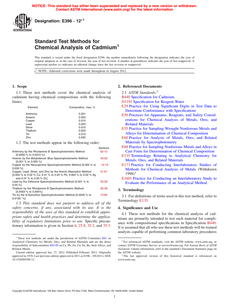 ASTM E396-12e1 - Standard Test Methods for  Chemical Analysis of Cadmium