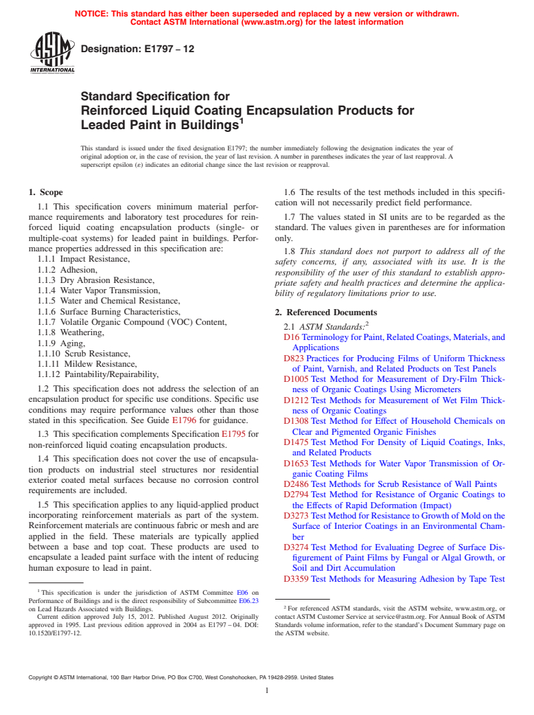 ASTM E1797-12 - Standard Specification for  Reinforced Liquid Coating Encapsulation Products for Leaded Paint in Buildings