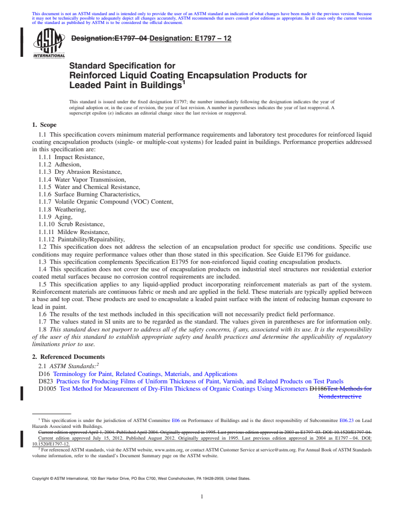 REDLINE ASTM E1797-12 - Standard Specification for  Reinforced Liquid Coating Encapsulation Products for Leaded Paint in Buildings