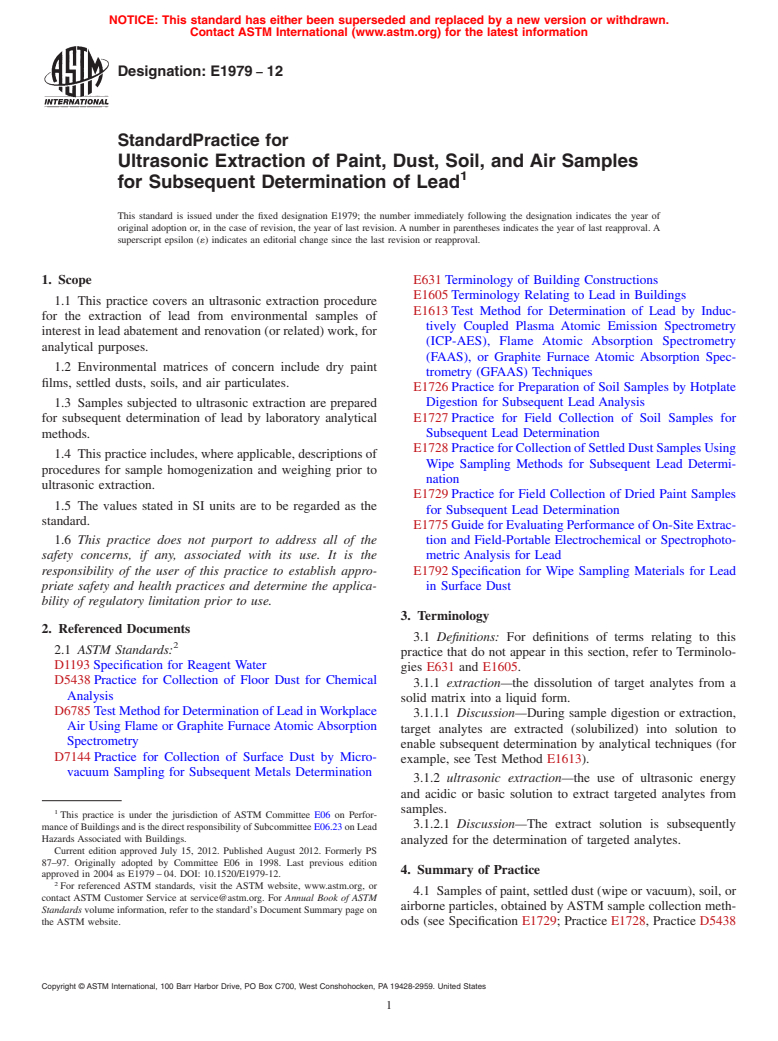 ASTM E1979-12 - Standard Practice for Ultrasonic Extraction of Paint, Dust, Soil, and Air Samples for Subsequent Determination of Lead