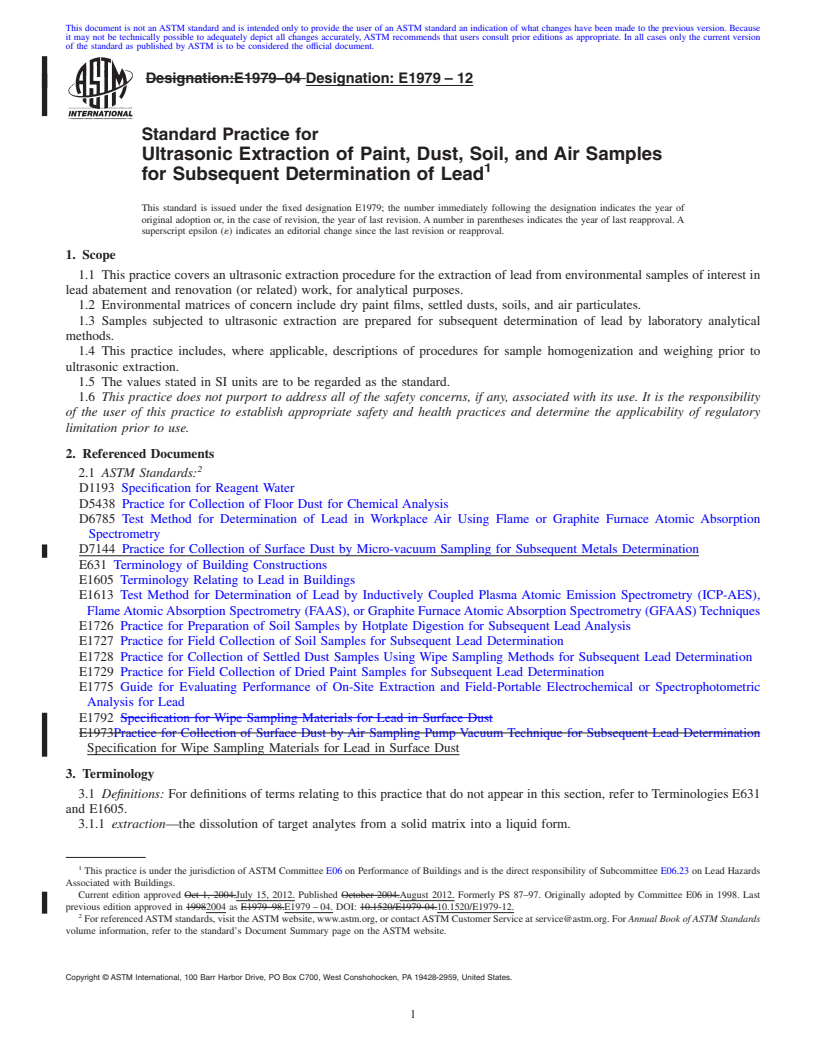 REDLINE ASTM E1979-12 - Standard Practice for Ultrasonic Extraction of Paint, Dust, Soil, and Air Samples for Subsequent Determination of Lead