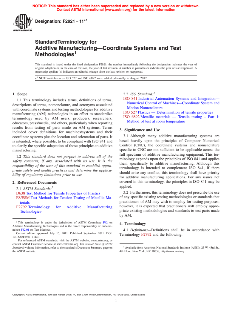 ASTM F2921-11e1 - Standard Terminology for  Additive Manufacturing&mdash;Coordinate Systems and Test Methodologies