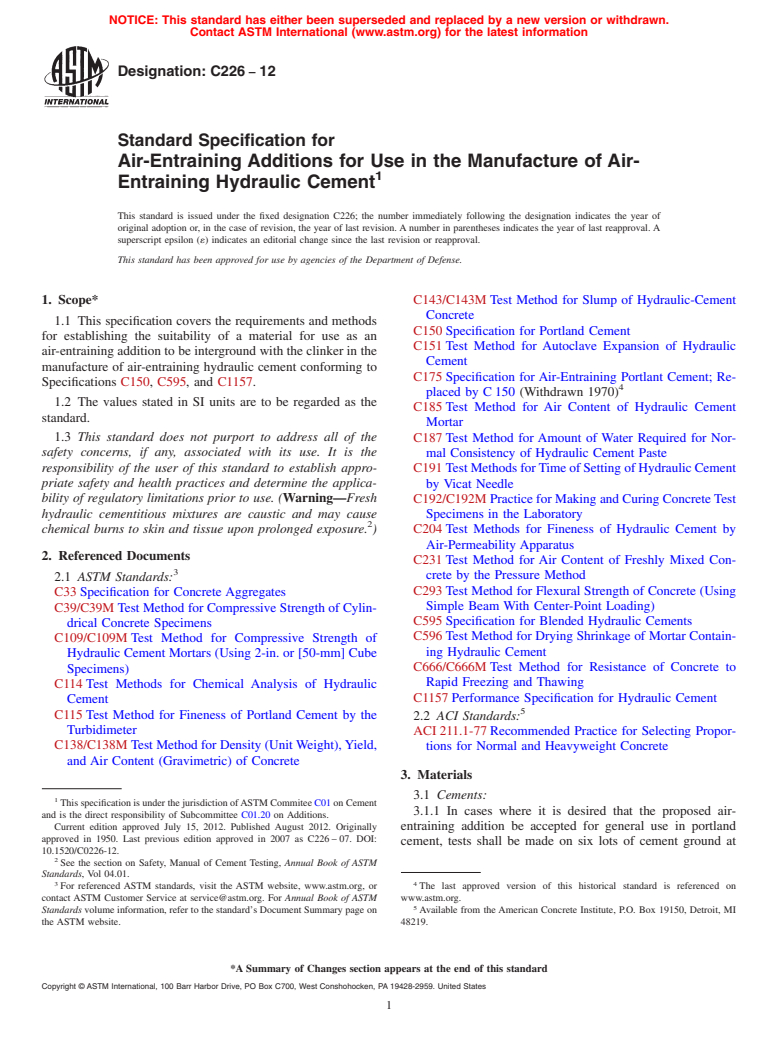 ASTM C226-12 - Standard Specification for  Air-Entraining Additions for Use in the Manufacture of Air-Entraining Hydraulic Cement