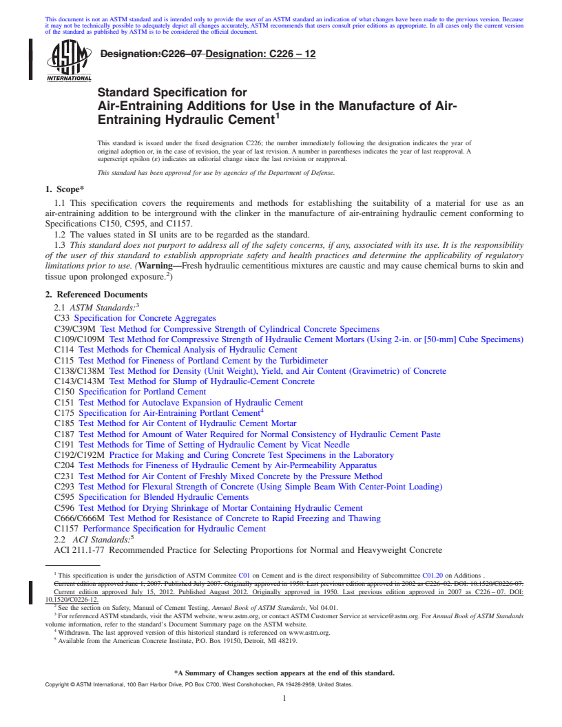 REDLINE ASTM C226-12 - Standard Specification for  Air-Entraining Additions for Use in the Manufacture of Air-Entraining Hydraulic Cement