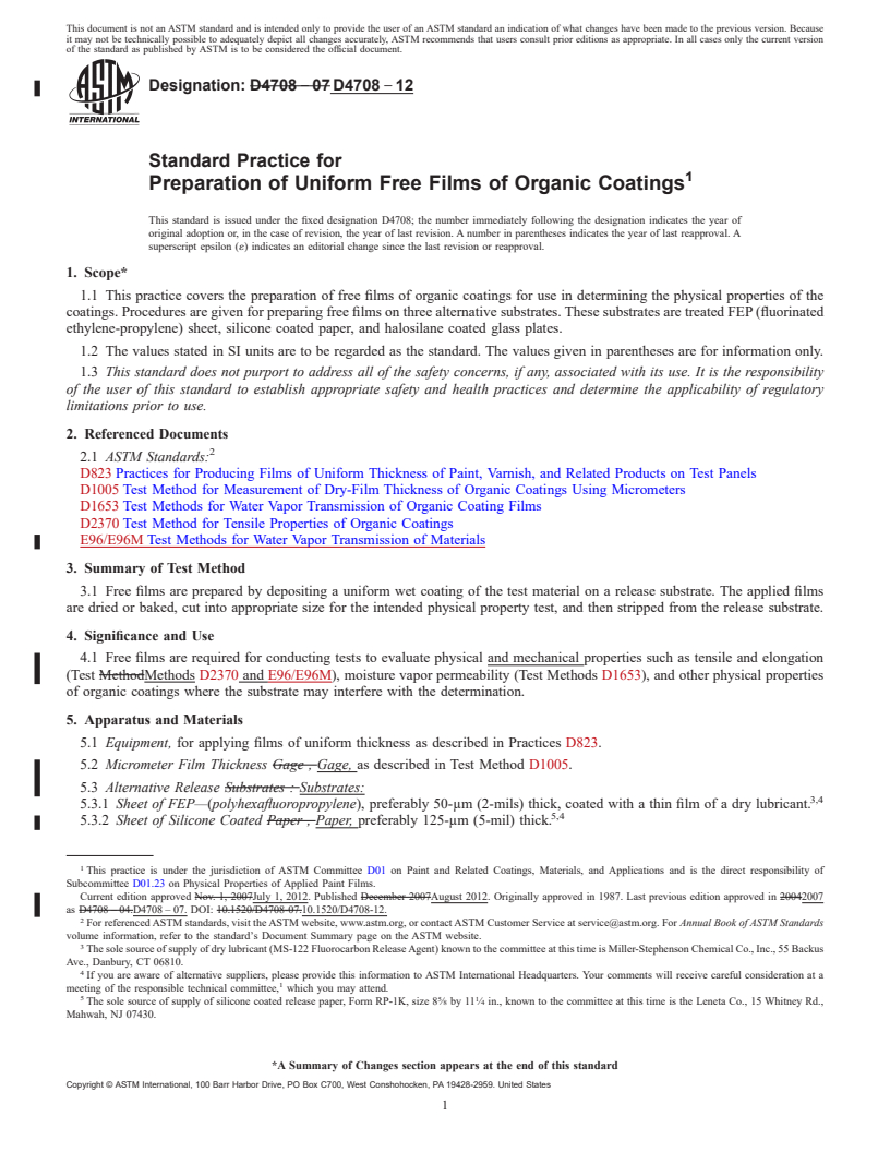 REDLINE ASTM D4708-12 - Standard Practice for  Preparation of Uniform Free Films of Organic Coatings