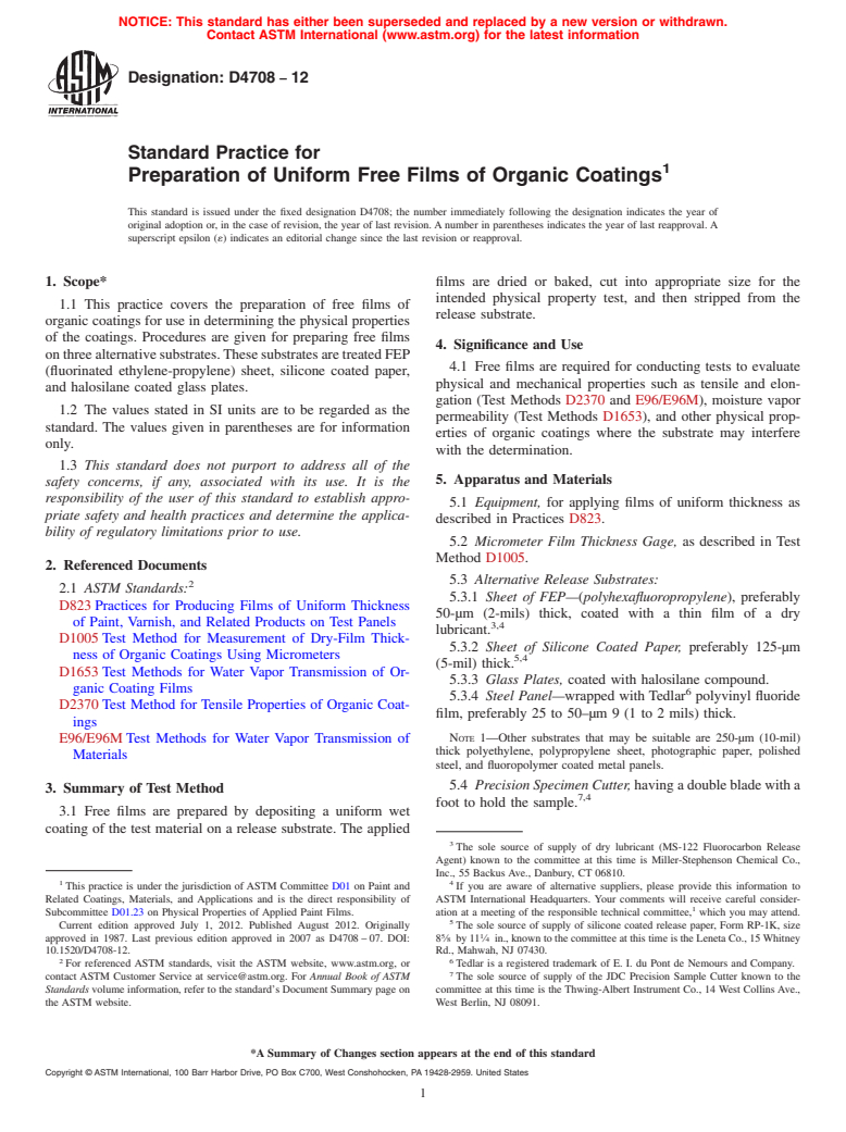 ASTM D4708-12 - Standard Practice for  Preparation of Uniform Free Films of Organic Coatings