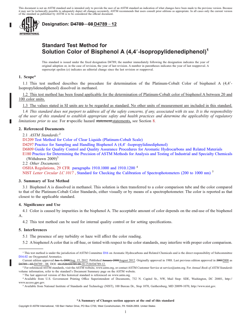 REDLINE ASTM D4789-12 - Standard Test Method for  Solution Color of Bisphenol A (4,4`-Isopropylidenediphenol)