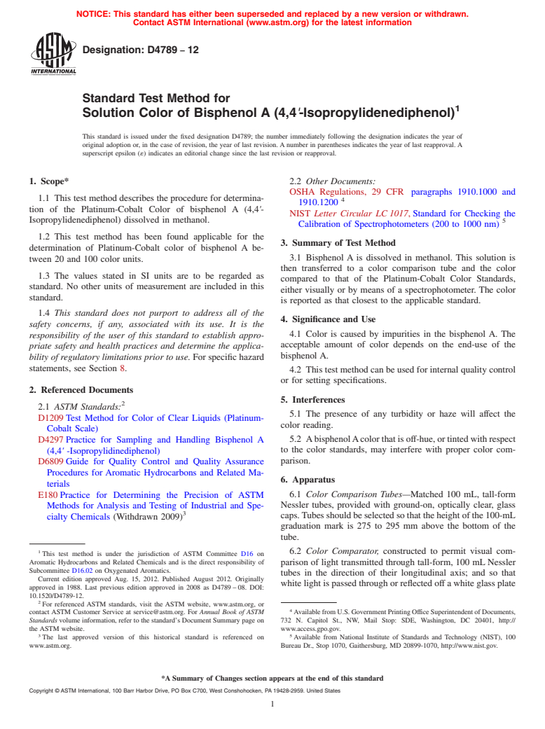 ASTM D4789-12 - Standard Test Method for  Solution Color of Bisphenol A (4,4`-Isopropylidenediphenol)