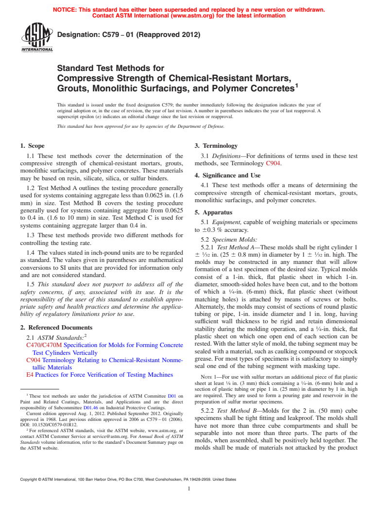 ASTM C579-01(2012) - Standard Test Methods for Compressive Strength of Chemical-Resistant Mortars, Grouts,  Monolithic Surfacings, and Polymer Concretes