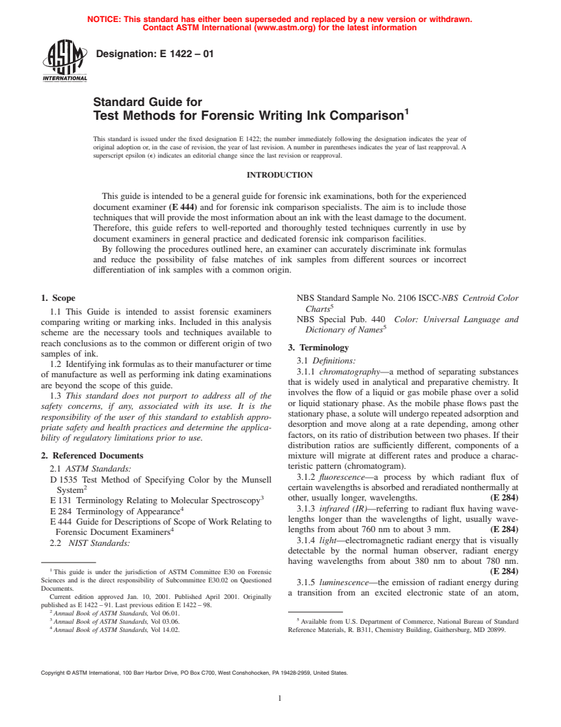 ASTM E1422-01 - Standard Guide for Test Methods for Forensic Writing Ink Comparison