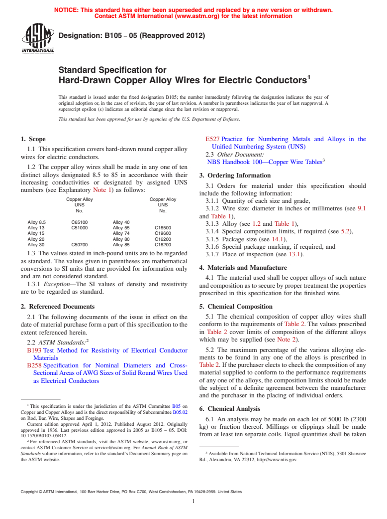 ASTM B105-05(2012) - Standard Specification for Hard-Drawn Copper Alloy Wires for Electric Conductors