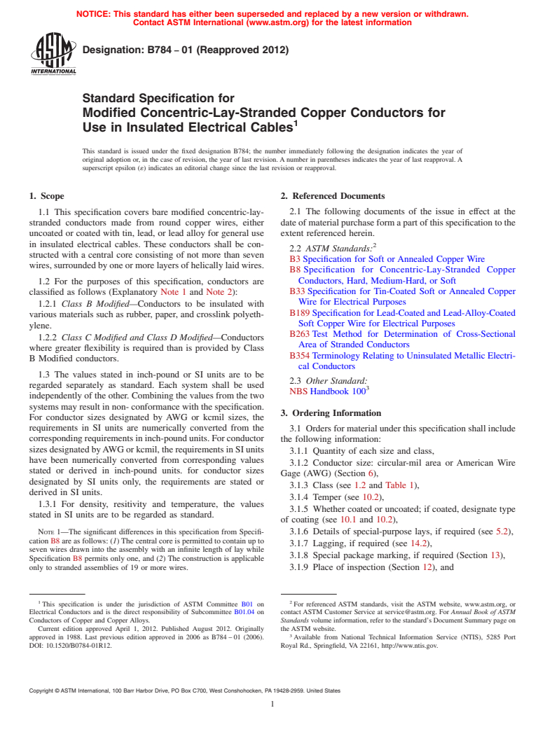 ASTM B784-01(2012) - Standard Specification for Modified Concentric-Lay-Stranded Copper Conductors for Use in Insulated Electrical Cables