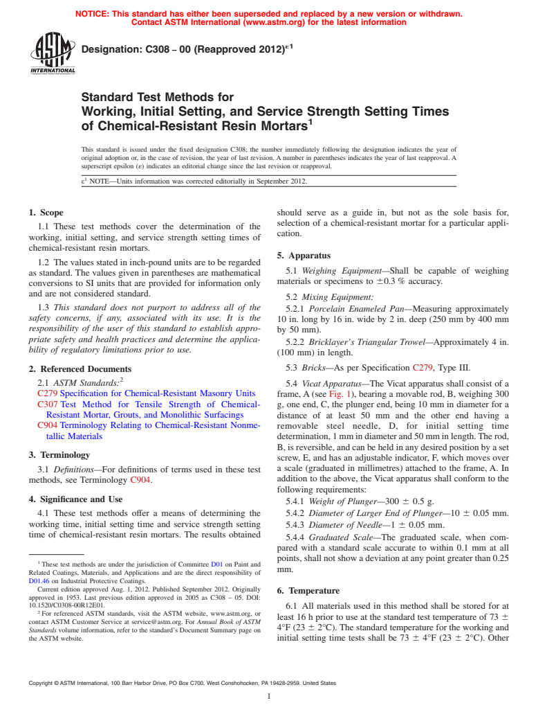 ASTM C308-00(2012)e1 - Standard Test Methods for  Working, Initial Setting, and Service Strength Setting Times  of Chemical-Resistant Resin Mortars