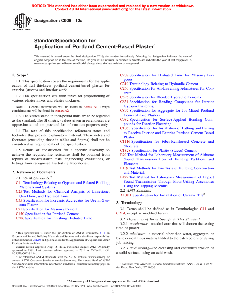ASTM C926-12a - Standard Specification for Application of Portland Cement-Based Plaster