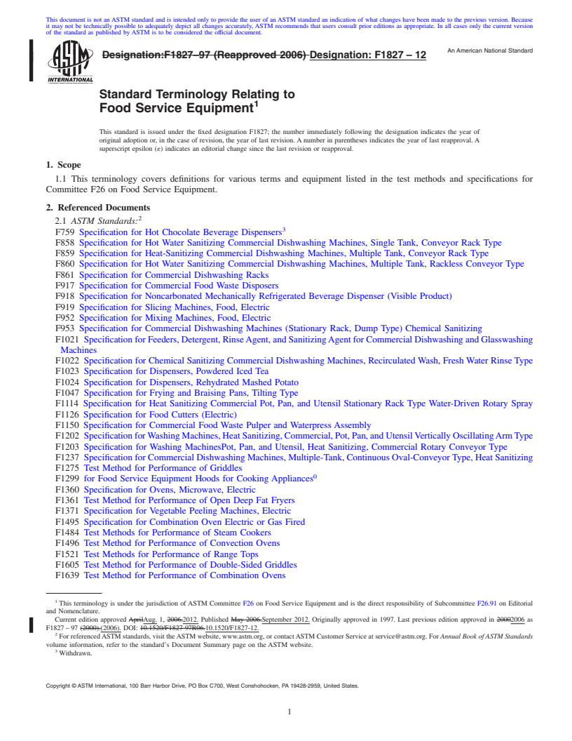 REDLINE ASTM F1827-12 - Standard Terminology Relating to  Food Service Equipment