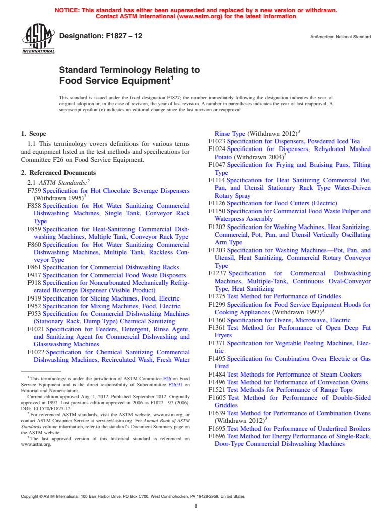 ASTM F1827-12 - Standard Terminology Relating to  Food Service Equipment